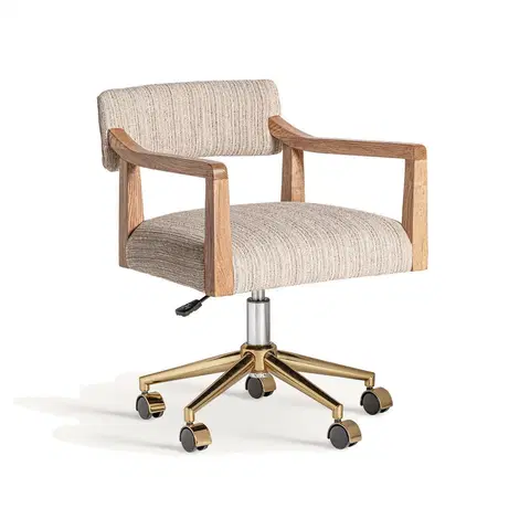 Designové a luxusní židle do pracovny a kanceláře Estila Luxusní otočné kancelářské křeslo Raias ve stylu art deco s béžovým čalouněním s dřevěnými opěrkami na ruce 55 cm