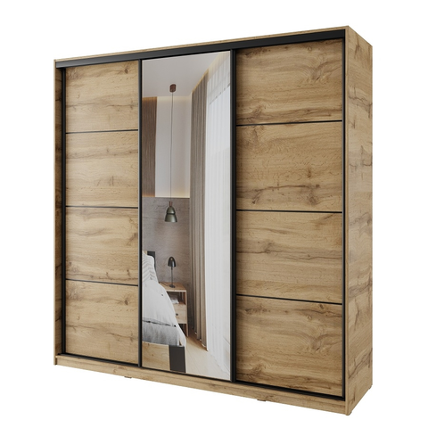 Šatní skříně Šatní skříň NEJBY BARNABA 200 cm s posuvnými dveřmi, zrcadlem,4 šuplíky a 2 šatními tyčemi,dub wotan