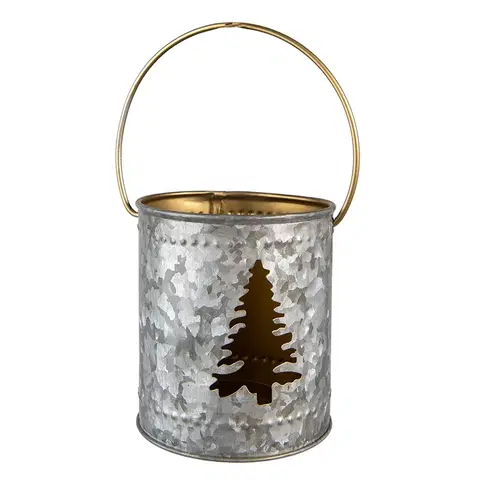 Svícny Šedý  plechový svícen na čajovou svíčku se stromkem a držadlem - Ø  9*10 cm Clayre & Eef 6Y5395