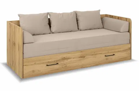 rozkládací Rozkládací postel s matracemi a polštáři TETRIS, dub wotan/béžová