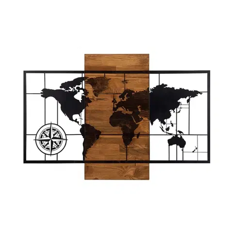 Bytové doplňky a dekorace Wallity Nástěnná dřevěná dekorace WORLD MAP II hnědá/černá