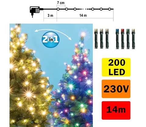 Vánoční dekorace  LED Vánoční řetěz venkovní 200xLED/5 funkcí 17m IP44 teplá bílá/multicolor 