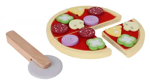 Hrajeme si na domácnost Dřevěná pizza pro děti na krájení Ecotoys barevná