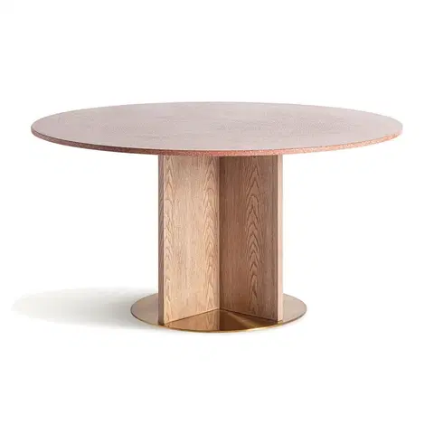 Designové a luxusní jídelní stoly Estila Luxusní Art-deco kulatý jídelní stůl Caya s povrchovou terrazzo deskou s podstavou z dubového masivu 150cm