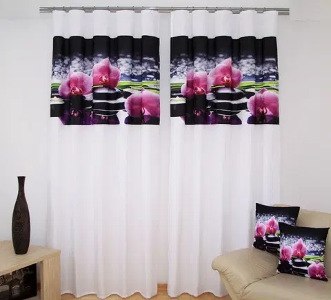 Luxusní hotové závěsy s potiskem 3D Bílá luxusní záclona s černým motivem růžových orchidejí