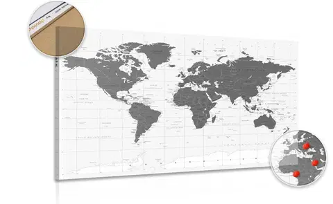 Obrazy na korku Obraz na korku politická mapa světa v černobílém provedení