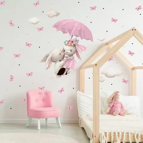Samolepky na zeď Samolepka na zeď - Zajíci letící na růžovém deštníku