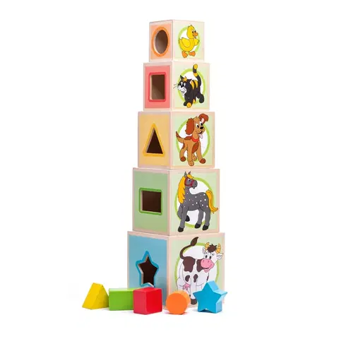 Dřevěné hračky Woody Věž s pěti kostkami Zvířátka, 10,6 x 41 cm
