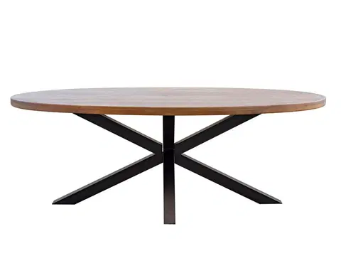Designové a luxusní jídelní stoly Estila Industriální oválný jídelní stůl Delia z akáciového dřeva hnědé barvy as černýma zkříženýma nohama z kovu 210cm