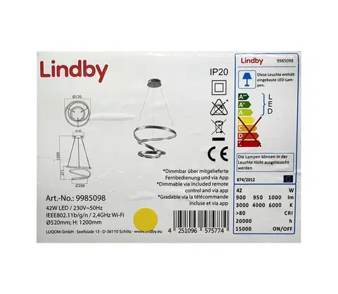 Svítidla Lindby Lindby - LED Stmívatelný lustr na lanku VERIO LED/230V + DO 