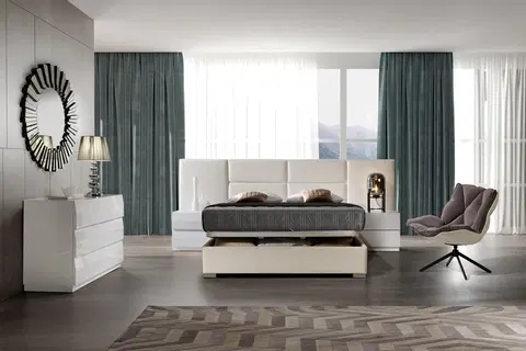 Luxusní a stylové postele Estila Moderní luxusní postel Sara s rozšířeným čelem s čalouněním z ekokůže a s úložným prostorem 140-180cm