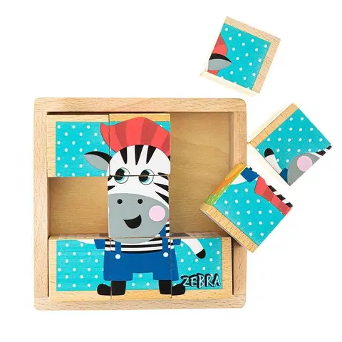 Hračky AKUKU - Skládací edukační dřevěné kostky v krabičce ZOO 9 ks