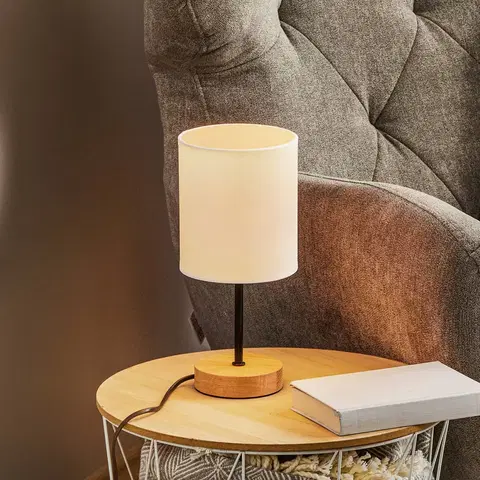 Stolní lampy na noční stolek BRITOP Stolní lampa Corralee dřevo, bílé látkové stínidlo