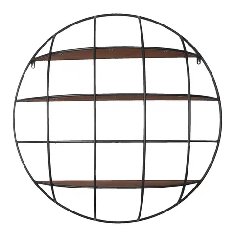 Regály a poličky Černý kovový kulatý nástěnný stojan s dřevěnými poličkami - 91*20 cm Clayre & Eef 5Y0897