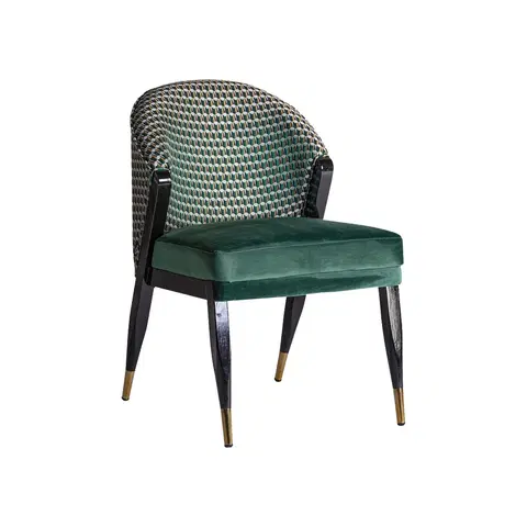 Luxusní jídelní židle Estila Art-deco designová čalouněná jídelní židle Brilon s potahem ze sametu se vzorem zelené barvy na černo-zlatých nohou 84cm