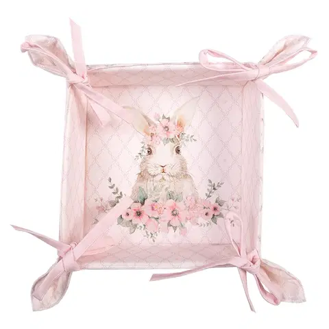 Chlebníky Růžový bavlněný košík na pečivo s králíčkem Floral Easter Bunny - 35*35*8 cm Clayre & Eef FEB47-1