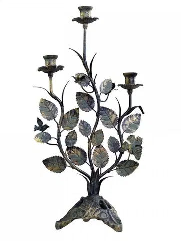 Svícny Kovový 3-ramenný vintage svícen s listy Leaves - 27*15*50 cm Chic Antique 71047320 (71473-20)