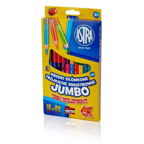 Hračky ASTRA - Oboustranné trojhranné barvičky JUMBO 12ks/24barev + struhadlo, 312118001