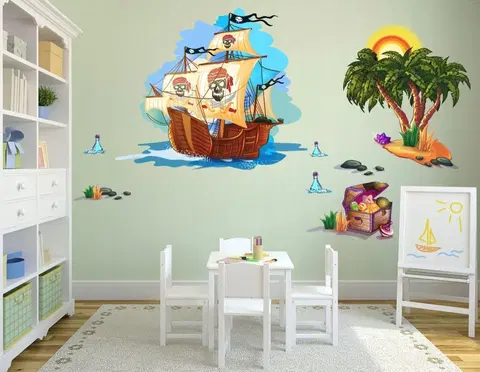 Pohádkové postavičky Barevná dekorační nálepka na zeď pirátská loď s pokladem