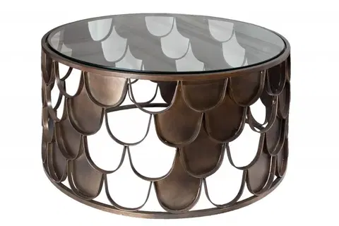 Designové a luxusní konferenční stolky Estila Art-deco bronzový kruhový konferenční stolek Escama se vzorem rybích šupin a skleněnou deskou 70cm