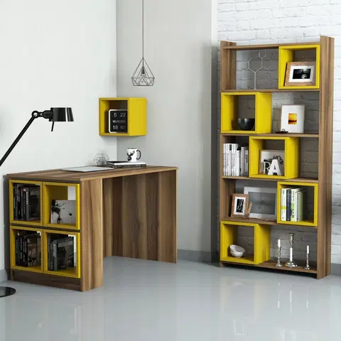 Kancelářské a psací stoly Psací stůl a knihovna BOX ořech žlutá