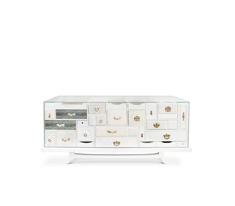 Designové komody Estila Luxusní bílá masivní komoda Mondrian v prestižním provedení s designovými zásuvkami 186cm