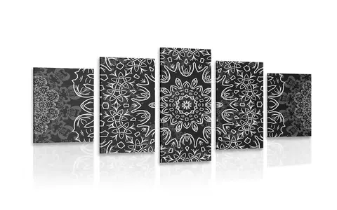 Černobílé obrazy 5-dílný obraz Mandala s abstraktním vzorem v černobílém provedení
