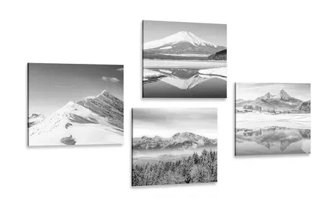 Sestavy obrazů Set obrazů zasněžené hory v černobílém