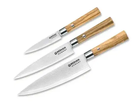 Bloky na nože Böker Damast Olive, třídílná sada nožů