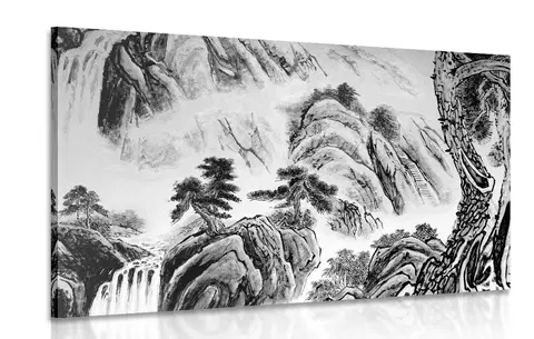 Černobílé obrazy Obraz čínská krajinomalba v černobílém provedení