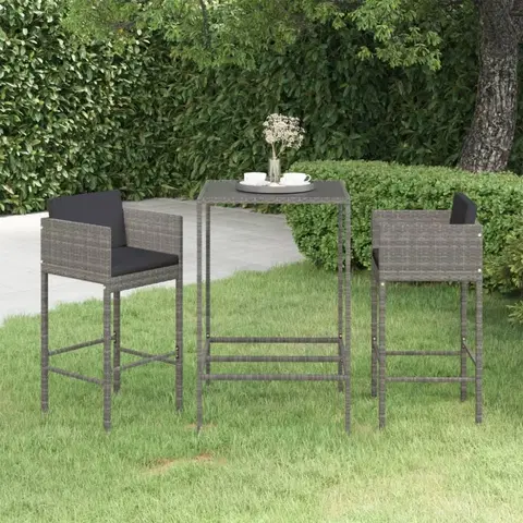 Barové židle Zahradní barový set s poduškami 3 ks látka / polyratan Dekorhome Šedá