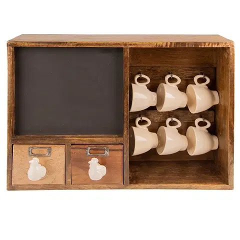 Regály a poličky Dřevěná nástěnná skříňka s tabulkou, šuplíčky a hrnečky Chick Bei - 45*10*30 cm Clayre & Eef 6H2172