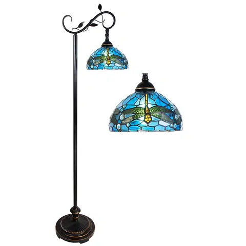 Svítidla Modrá stojací Tiffany lampa s vážkami Dragonfly - 36*25*152 cm E27/max 1*60W Clayre & Eef 5LL-6241