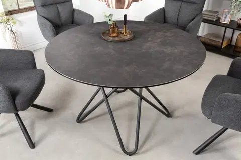 Designové a luxusní jídelní stoly Estila Industriální kruhový jídelní stůl Sabine v antracitovém provedení s černou kovovou konstrukcí 120cm