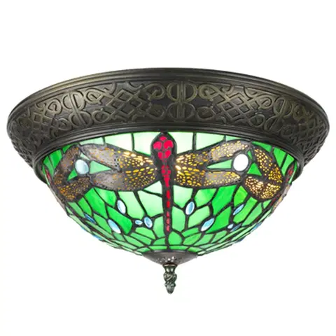Svítidla Zelené stropní Tiffany světlo s vážkami Dragonfly - Ø 38*20 cm E14/max 2*25W Clayre & Eef 5LL-6264