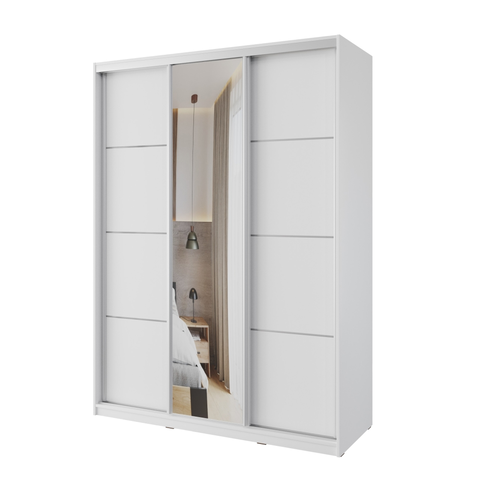 Šatní skříně Šatní skříň NEJBY BARNABA 150 cm s posuvnými dveřmi, zrcadlem, 4 šuplíky a 2 šatními tyčemi, bílá