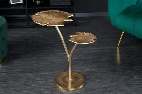 Luxusní a designové příruční stolky Estila Designový příruční stolek Ginko v art deco stylu se dvěma deskami ve tvaru listu ve zlaté barvě 56cm