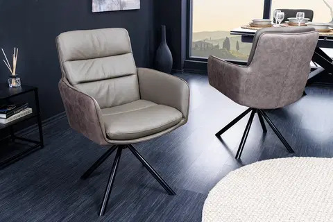 Luxusní jídelní židle Estila Moderní industriální otočná kožená židle Coiro s kovovými nožičkami šedá taupe barva 90 cm