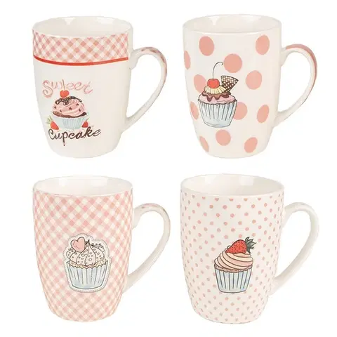 Hrnky a šálky Set 4ks bílo-růžový porcelánový hrnek s dortíky Cupcake  - 8*10 cm / 0,3L  Clayre & Eef 6CEMS0045