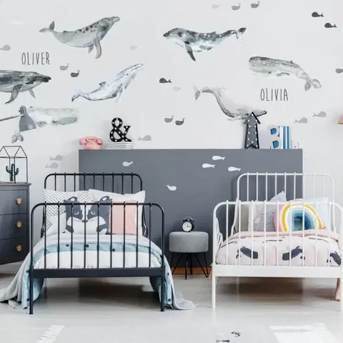 Samolepky na zeď Dětské samolepky na zeď - Šedé velryby se jménem dítěte