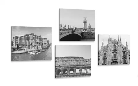 Sestavy obrazů Set obrazů historická města v černobílém provedení