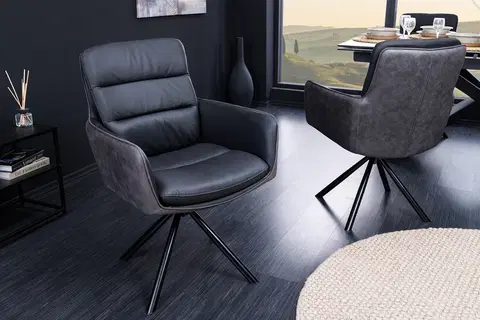 Luxusní jídelní židle Estila Moderní industriální otočná kožená židle Coiro s kovovými nožičkami antracitová černá 90 cm