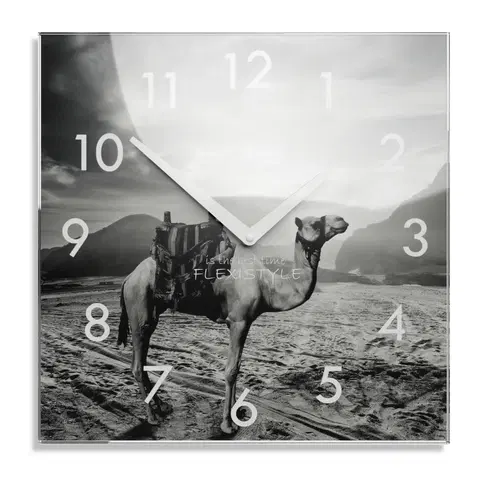 Nástěnné hodiny Dekorační černobílé skleněné hodiny 30 cm s motivem velblouda