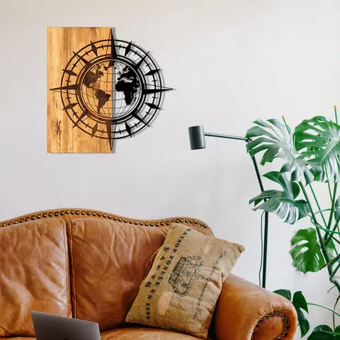 Nástěnné dekorace Nástěnná dekorace dřevo SMĚROVÁ RŮŽICE S GLÓBEM 57 x 58 cm