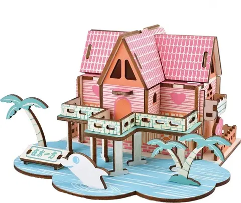 3D puzzle Woodcraft construction kit  Dřevěné 3D puzzle Letní dům růžovo-modré