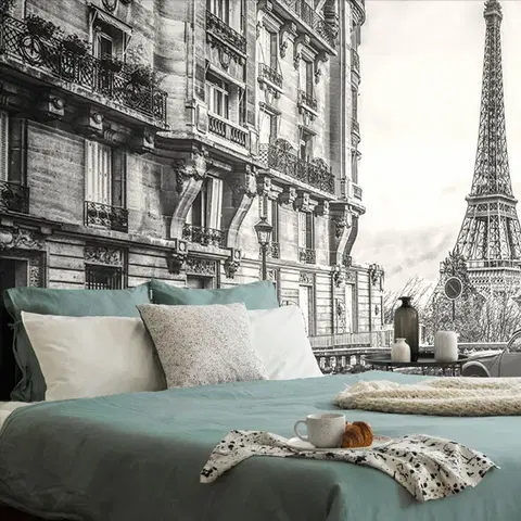 Černobílé tapety Tapeta černobílá Eiffelova věž z ulice Paříže