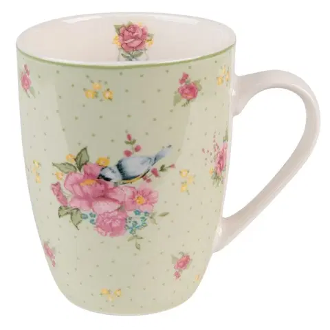 Hrnky a šálky Zelený porcelánový hrnek s květy a ptáčkem Cheerful Birdie - 12*8*10cm/ 300ml Clayre & Eef HBMU