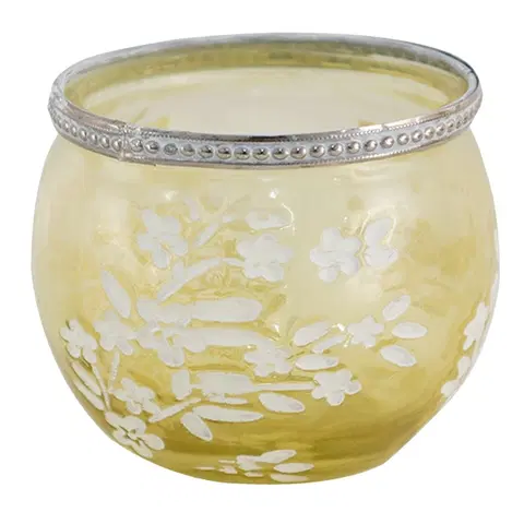 Svícny Žlutý skleněný svícen na čajovou svíčku s květy Teane  - Ø 10*9 cm Clayre & Eef 6GL3495