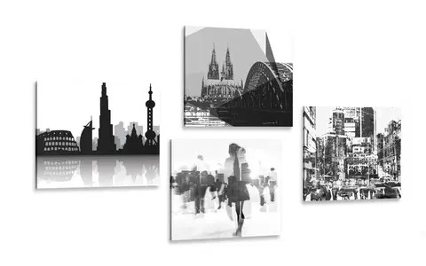 Sestavy obrazů Set obrazů život ve velkoměstě v černobílém provedení s abstraktním nádechem