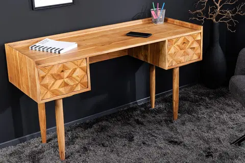 Stylové a luxusní pracovní a psací stoly Estila Masivní retro psací stůl Camille se dvěma šuplíky s ozdobnou intarzií z akáciového dřeva medová hnědá 132 cm